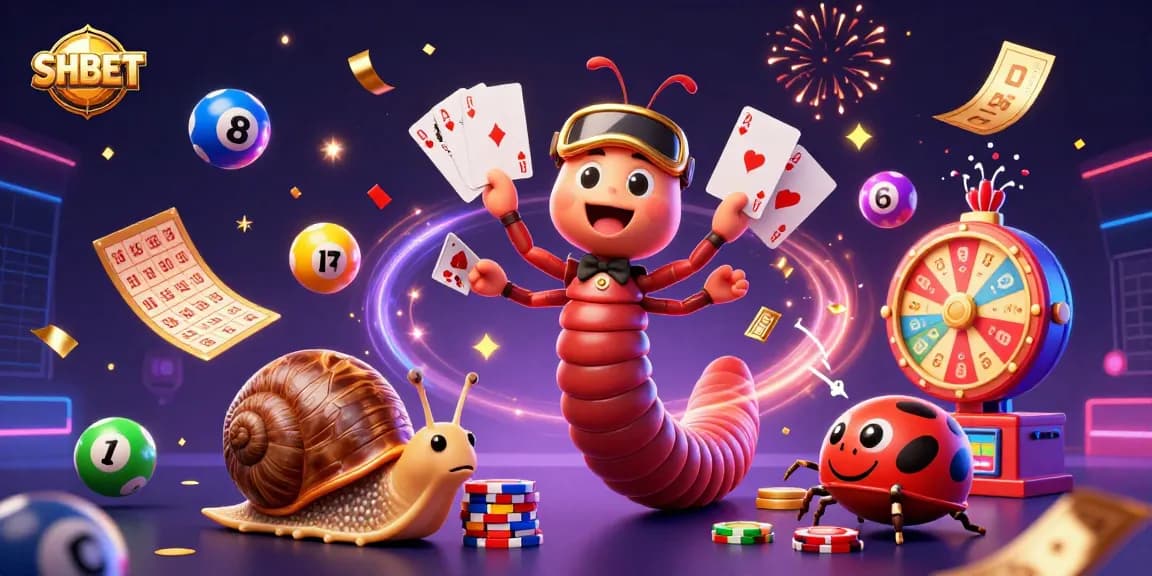 Join the excitement at SHBET with a dynamic casino scene featuring colorful lottery elements and engaging characters.