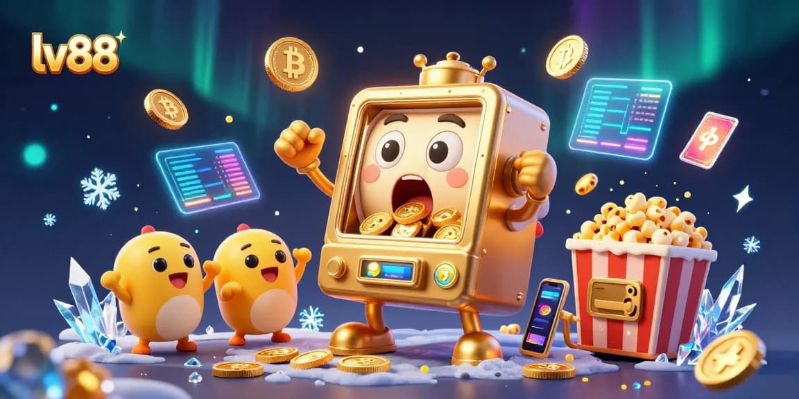 Experience the thrill of lv88 as the golden slot machine hits a jackpot, surrounded by vibrant casino elements.