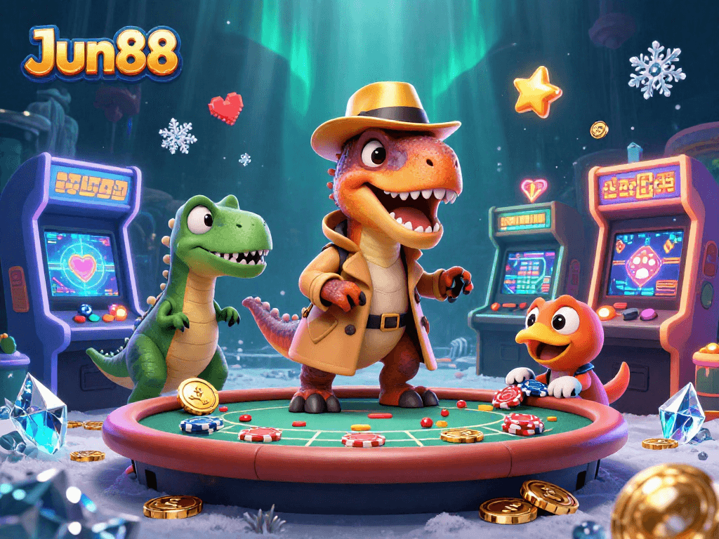 Jun88 features a velociraptor card counter amid colorful gaming elements in a lively casino scene.