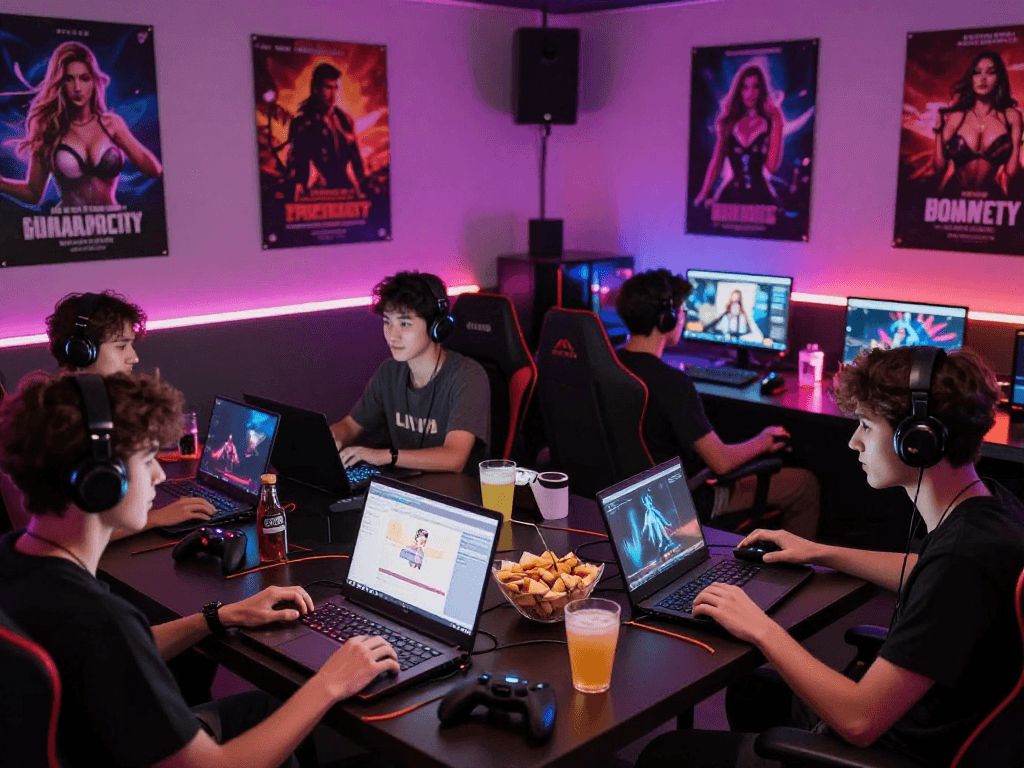 Engaged gamers enjoying popular porno games in a vibrant adult gaming lounge.