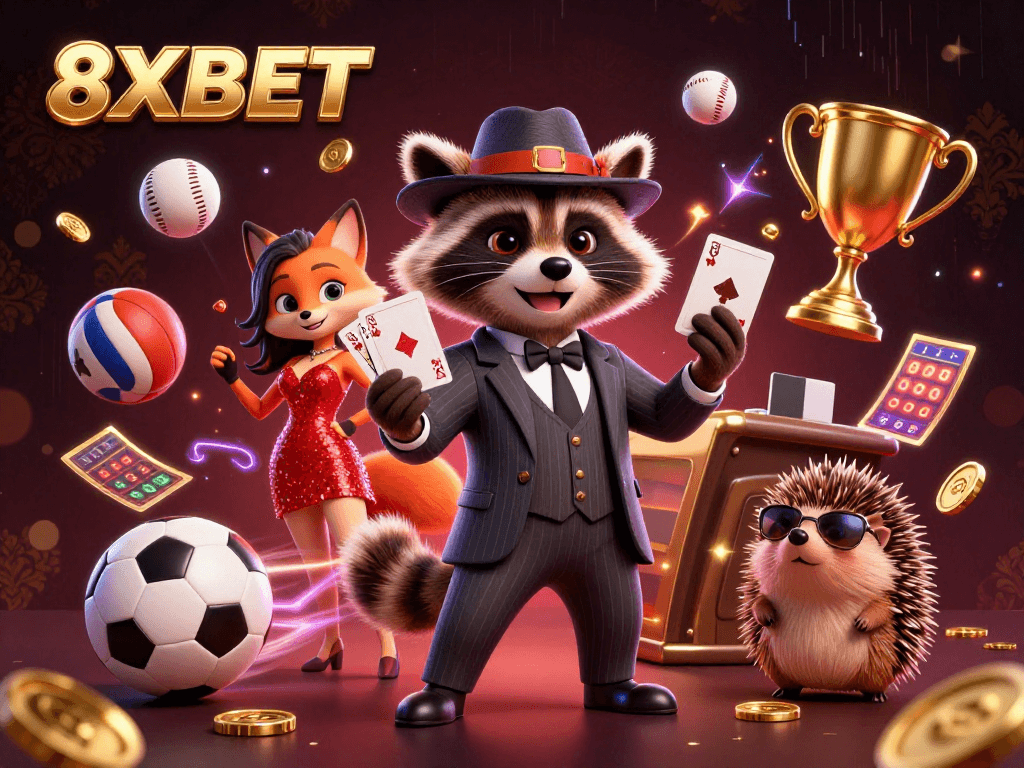 Engage in thrilling gameplay at 8XBET with a suave raccoon and flashy casino surroundings.