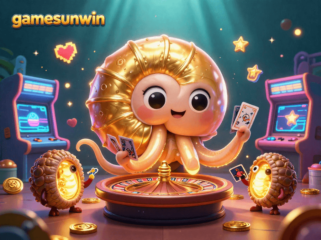 Experience thrilling wins at gamesunwin with our dynamic casino gaming scene featuring a giant nautilus and vibrant arcade machines.