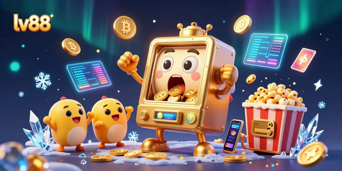 Experience the thrill of lv88 as the golden slot machine hits a jackpot, surrounded by vibrant casino elements.