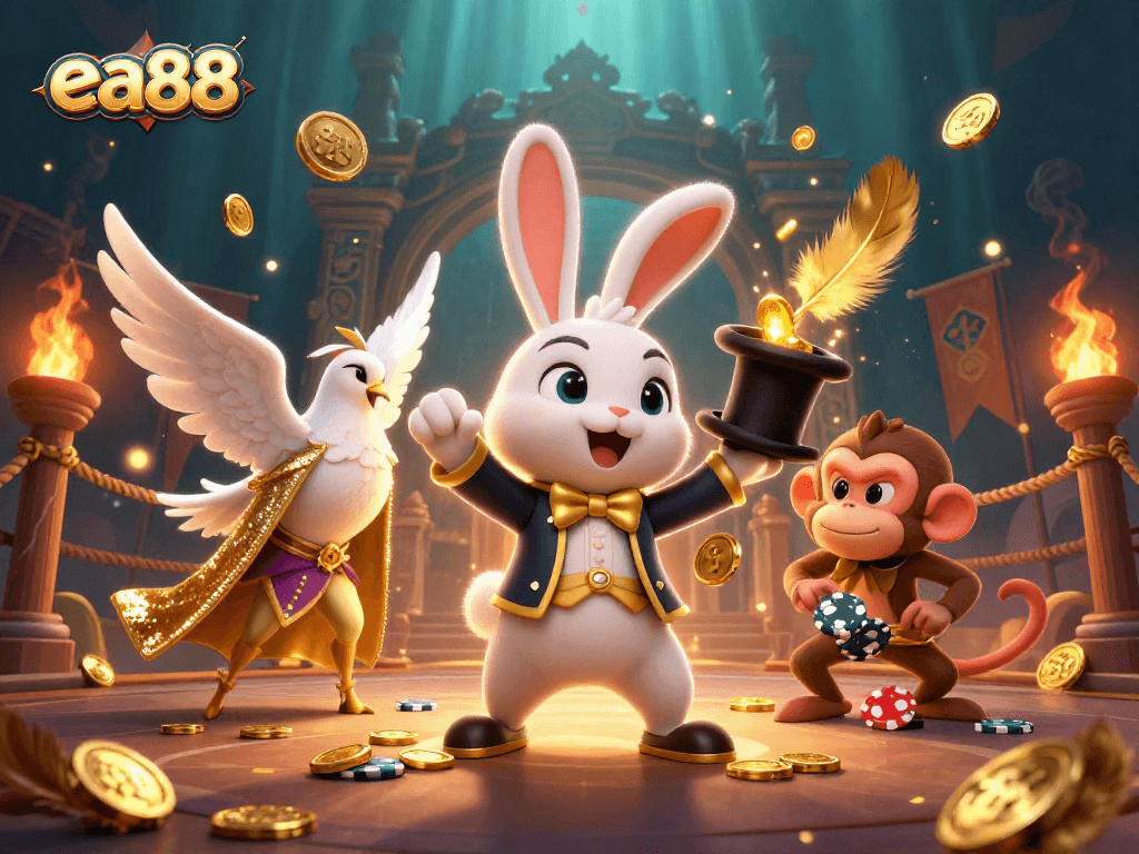 Experience the magic of ea88 with a vibrant 3D illustration featuring a rabbit, dove, and monkey in a casino setting.