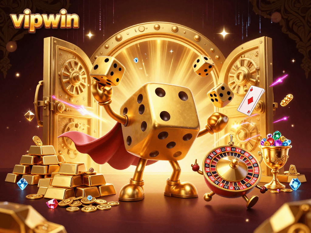 Engaging scene illustrating vipwin's vibrant casino experience with golden dice and dynamic gaming elements.