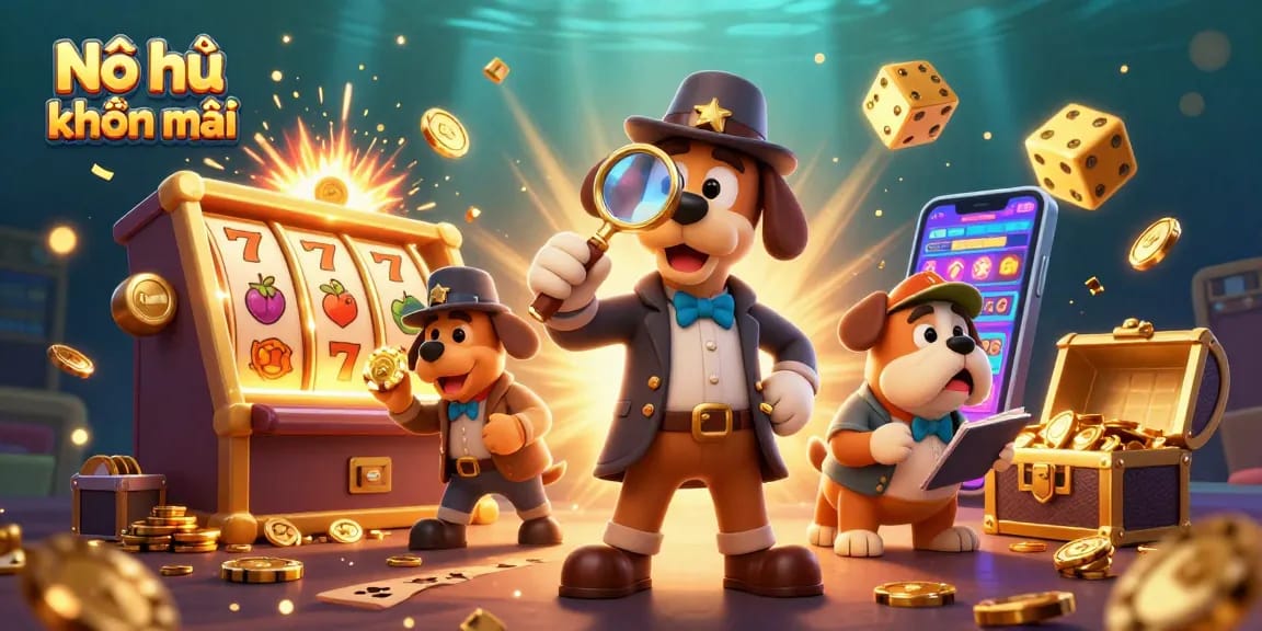 Nổ hũ khuyến mãi reveals treasure clues in a vibrant casino adventure with golden slots and companions.