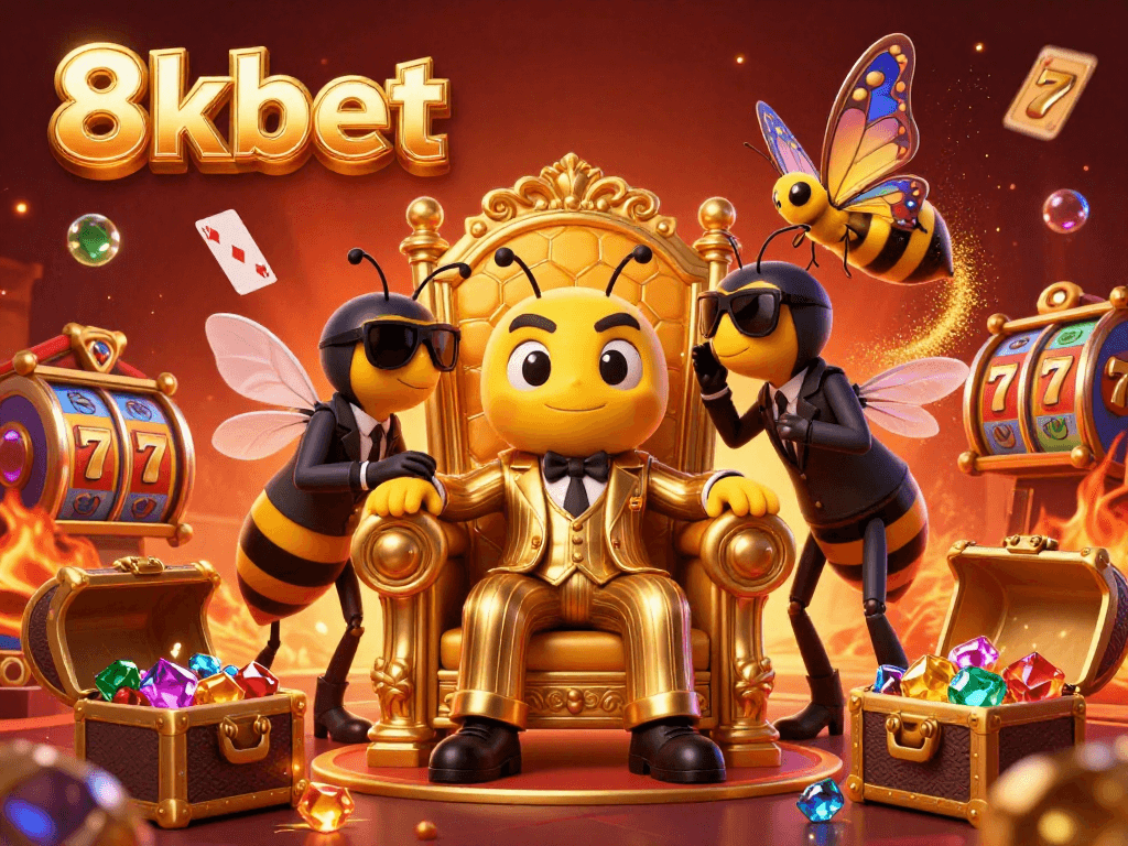 8xbet casino shows a lively cartoon scene with a bumblebee boss, casino vibes, and vibrant treasures.