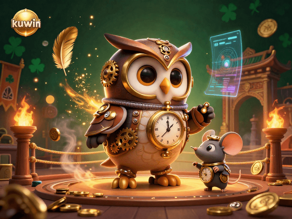 Kuwin engages players with a vibrant casino scene featuring a time-traveler owl and game elements.