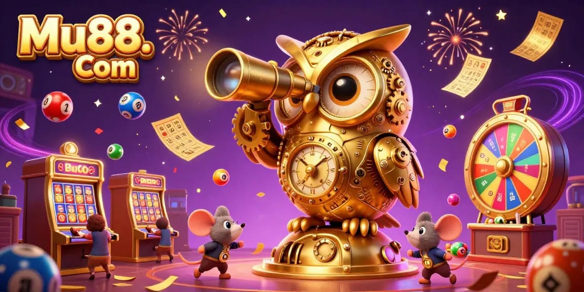 Spin and win at Mu88. Com with colorful lottery elements and a jubilant casino scene.