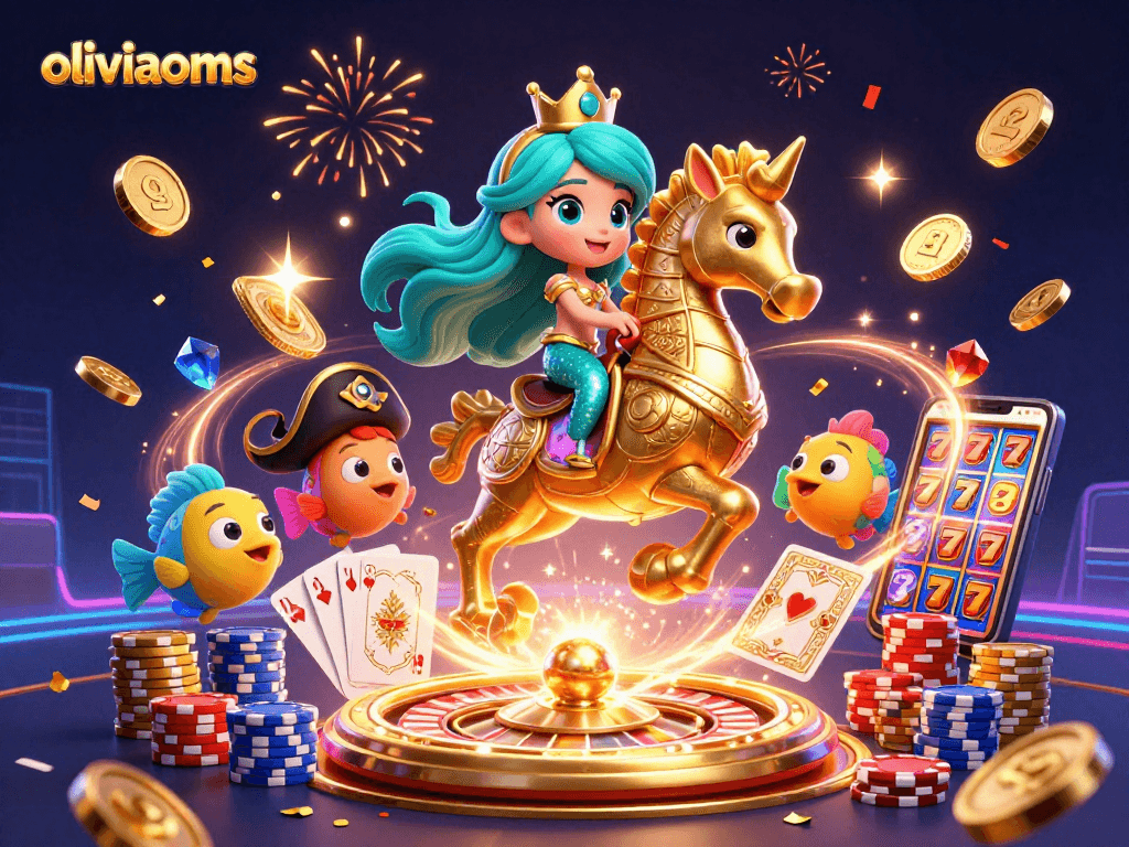Experience immersive gaming with oliviaooms' captivating casino theme featuring vibrant characters and sparkling elements.