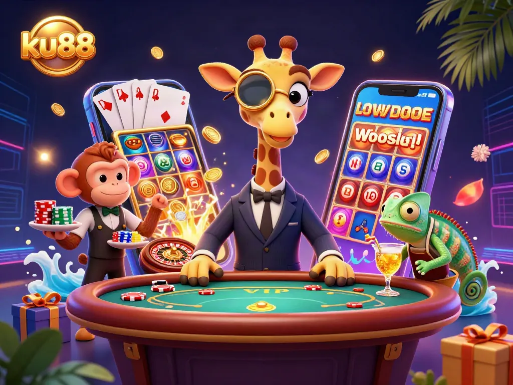 Experience thrilling gaming with ku88's vibrant casino scene featuring a high-roller giraffe and dynamic elements.