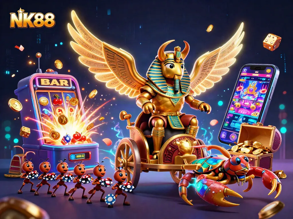 Experience NK88 excitement with a colossal scarab, scorpions, and dynamic casino symbols.