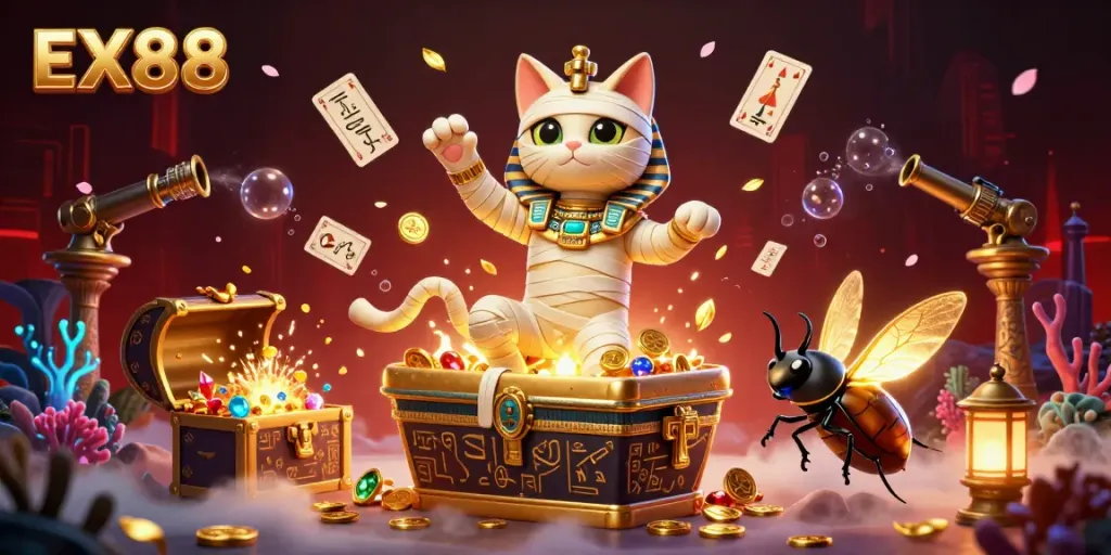 Experience exciting gameplay action with EX88 in a vibrant casino illustrated with glowing treasures.