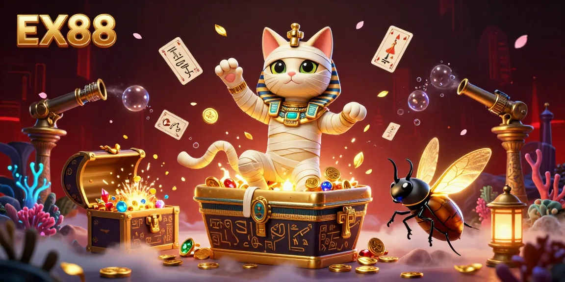 Experience exciting gameplay action with EX88 in a vibrant casino illustrated with glowing treasures.
