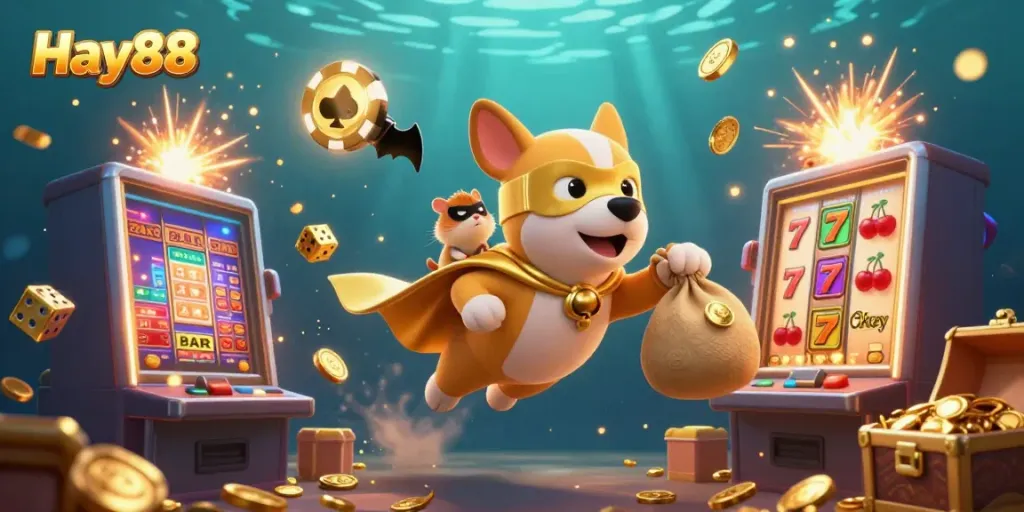 Experience the excitement with Hay88's superhero dog taking flight in a vibrant casino world.