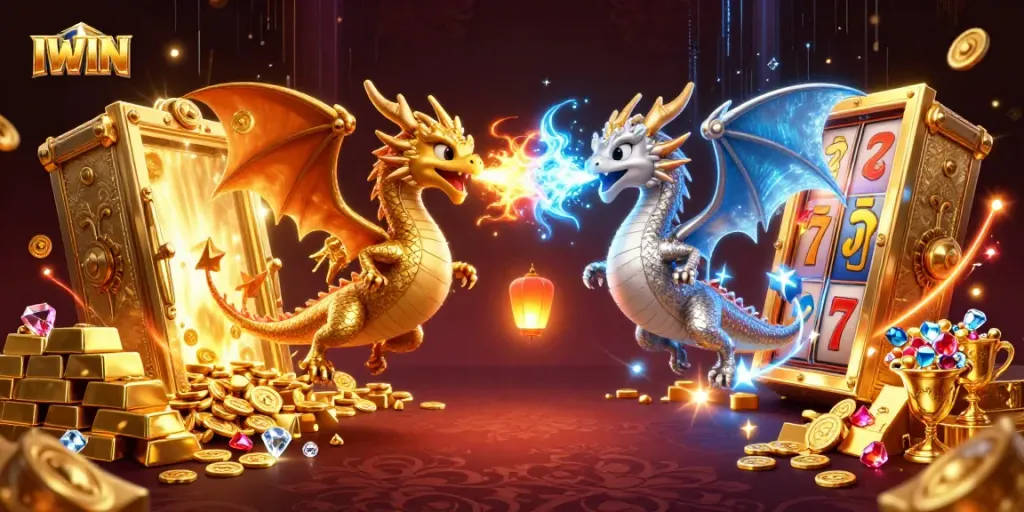 Engage in thrilling IWIN adventures with dynamic dragons and treasure in this captivating casino illustration.