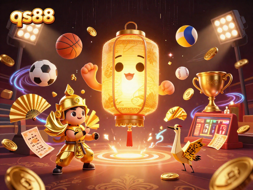 Experience qs88 with vibrant golden lanterns, sports elements, and dynamic casino energy.