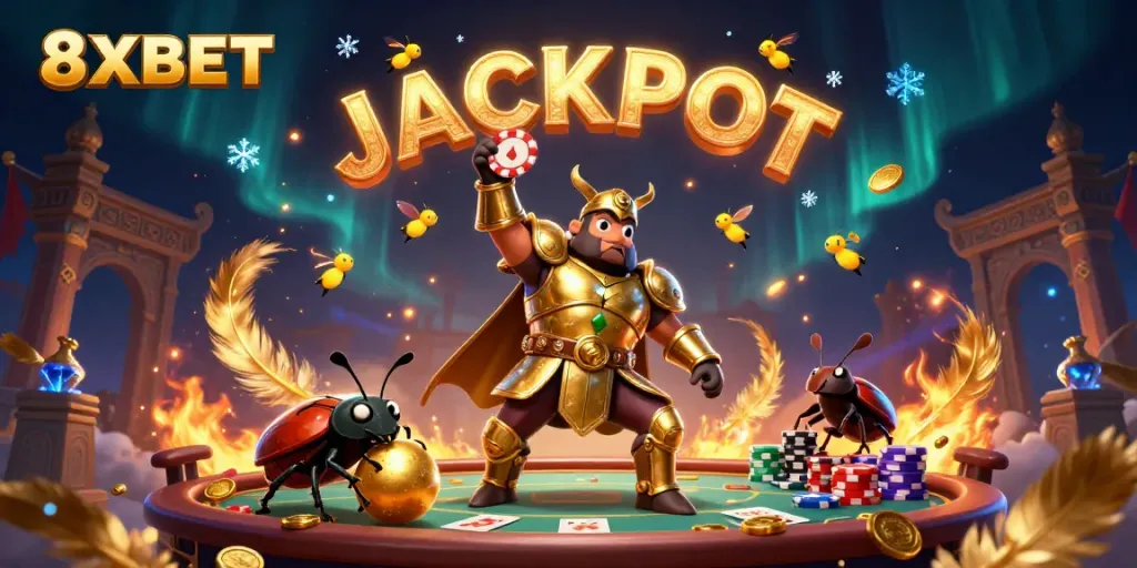 Engage in thrilling 8XBET casino games with heroic beetles celebrating a jackpot in a vibrant atmosphere.