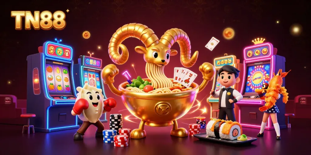 Engage with TN88 action in a vibrant casino scene featuring cartoon characters themed around slot machines.