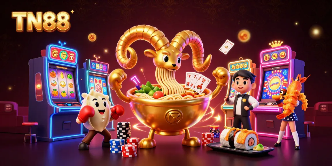 Engage with TN88 action in a vibrant casino scene featuring cartoon characters themed around slot machines.