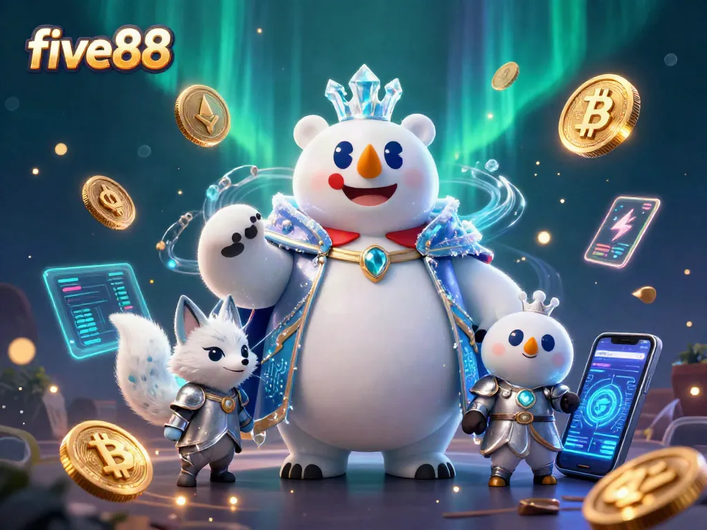 Bet on five88 with a vibrant 3D casino scene featuring striking characters and crypto elements.