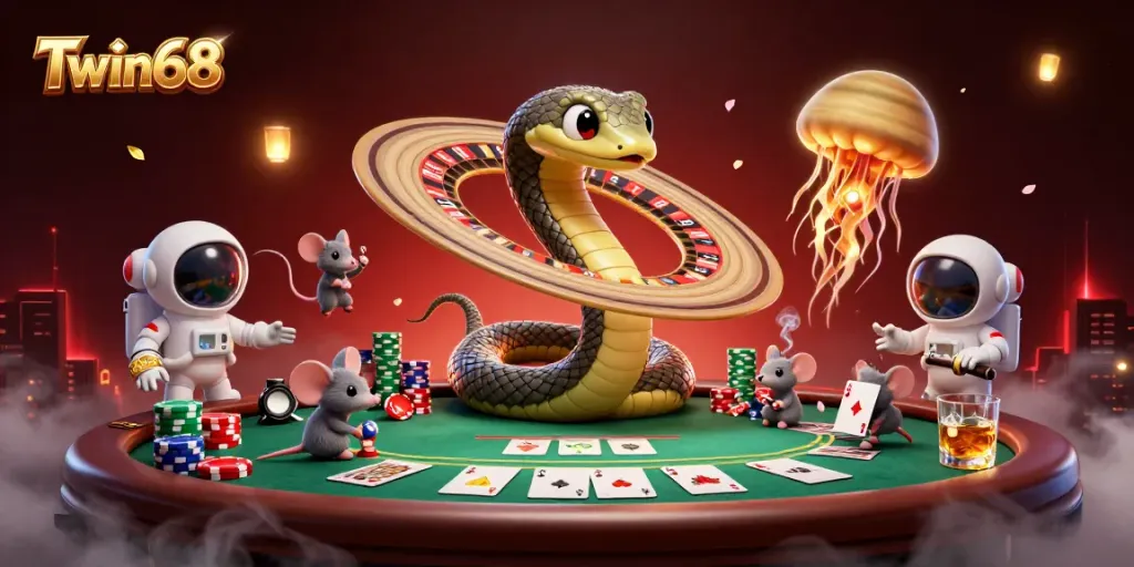 Twin68 enhances the gaming experience as astronaut mice bet on a cosmic roulette wheel.