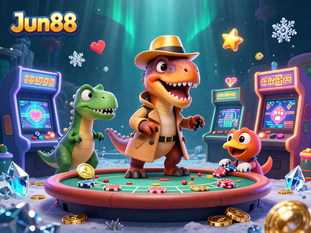 Jun88 features a velociraptor card counter amid colorful gaming elements in a lively casino scene.