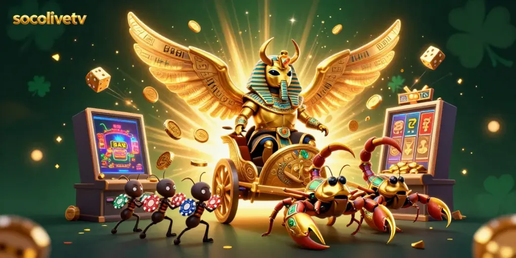 Socolivetv showcases a vibrant gaming scene with a golden scarab beetle and slot machine bursting with jackpot excitement.