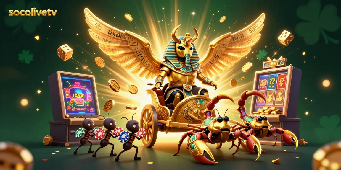 Socolivetv showcases a vibrant gaming scene with a golden scarab beetle and slot machine bursting with jackpot excitement.