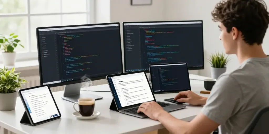 Developer using mymovieboxproapp.com/moviebox-old-version/ on multiple screens in a tech workspace.