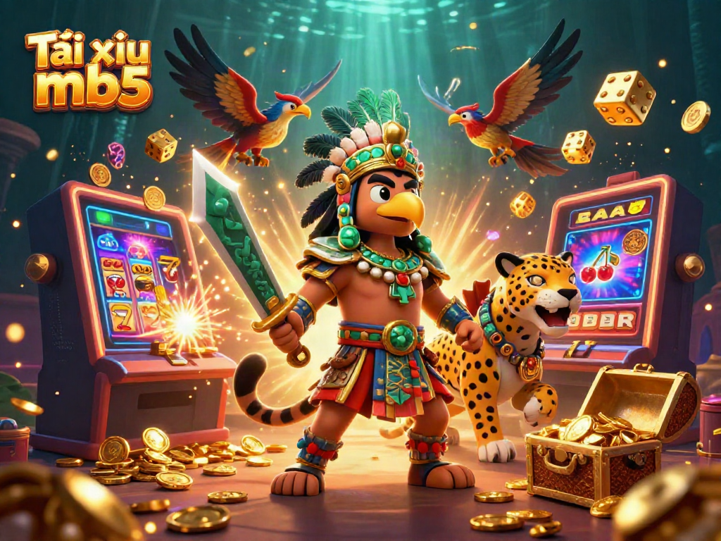 Tài xỉu mb5 showcases an exciting casino scene with an Aztec warrior and treasures, perfect for gambling enthusiasts.