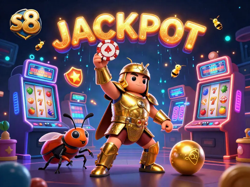 S8 jackpot celebration with a beetle hero lifting a poker chip amidst colorful casino elements
