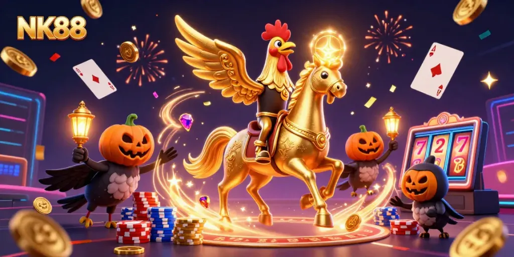 Engage with NK88 in this vibrant 3D casino illustration featuring a golden rooster in action.