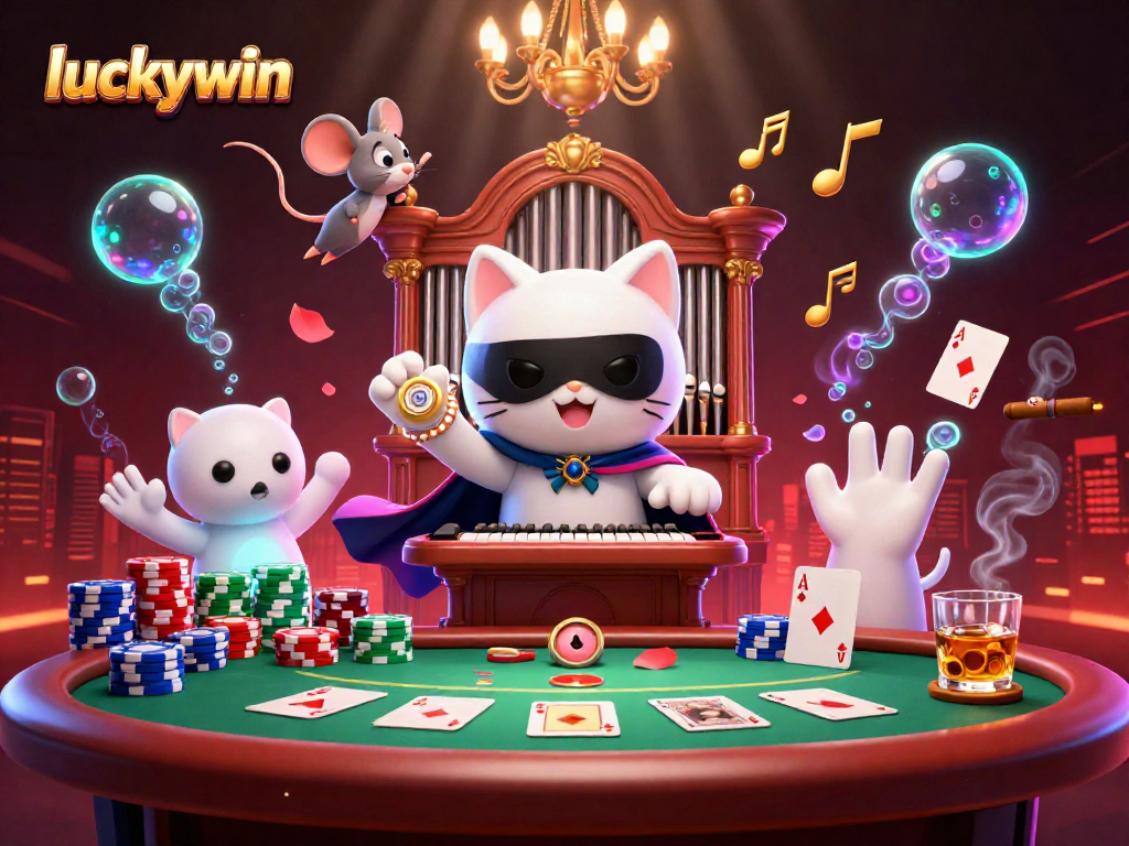 Experience luckywin's thrilling casino atmosphere with gaming action and vibrant characters.