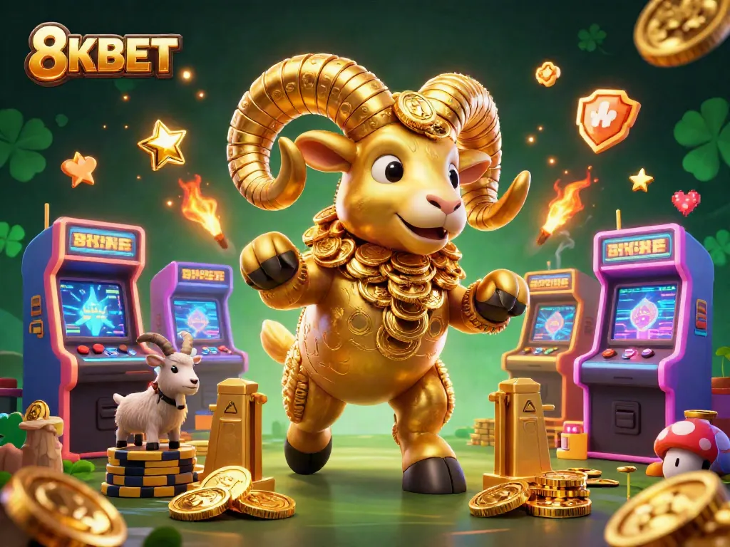 Experience the thrill of 8KBET with a dynamic golden ram charging through a vibrant casino scene.