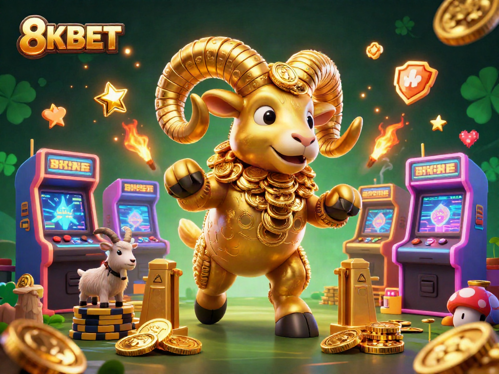 Experience the thrill of 8KBET with a dynamic golden ram charging through a vibrant casino scene.