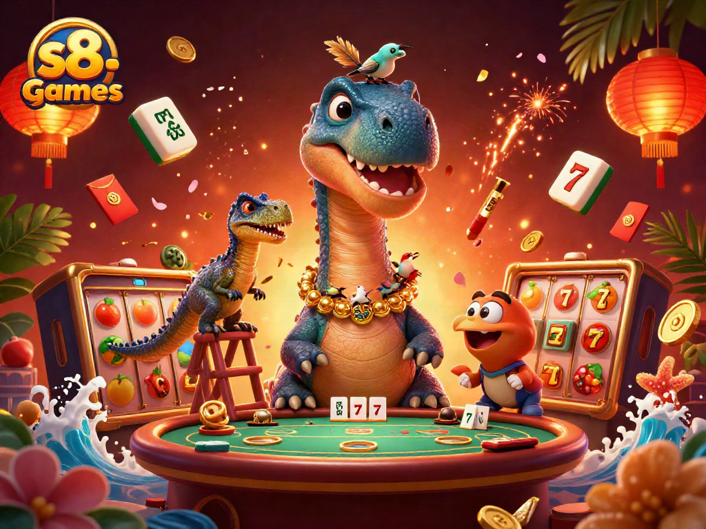 S8-games reveals a colorful casino scene where a dinosaur overlooks a vibrant poker table.