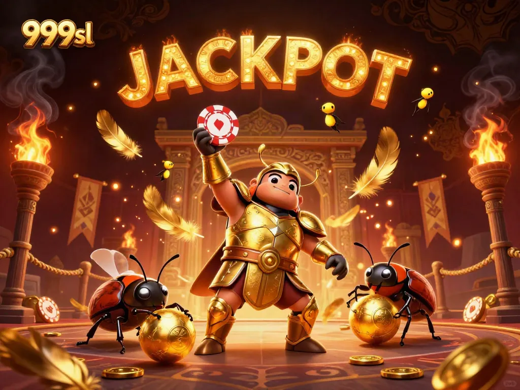 Engage with 999sl in a thrilling victory scene featuring a hercules beetle lifting a poker chip amidst a dynamic casino background.