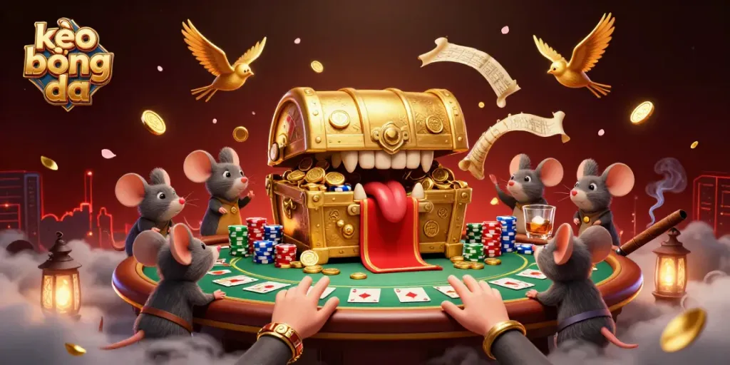 Engaging illustration showcasing kèo bóng đá with treasure, poker, and casino elements attracting adventurer mice.