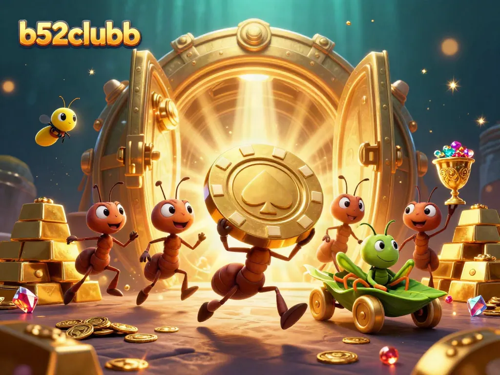 b52clubb illustrates ants in a heist, stealing a massive poker chip filled with gold.