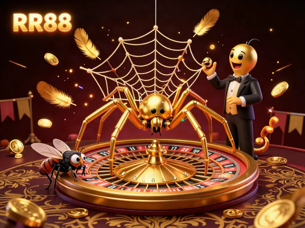 RR88's dynamic gaming scene featuring a golden spider and engaging casino elements for optimal excitement.