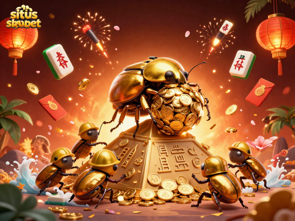 Experience the excitement of situs sbobet with golden beetles and casino symbols in a dynamic illustration.