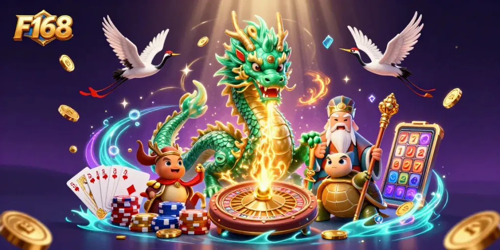 Experience exciting gameplay at F168 with vibrant illustrations of dragons, poker chips, and lucky symbols.