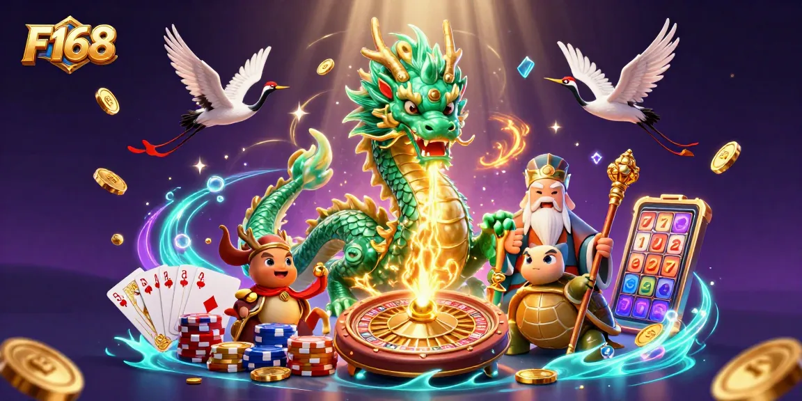 Experience exciting gameplay at F168 with vibrant illustrations of dragons, poker chips, and lucky symbols.