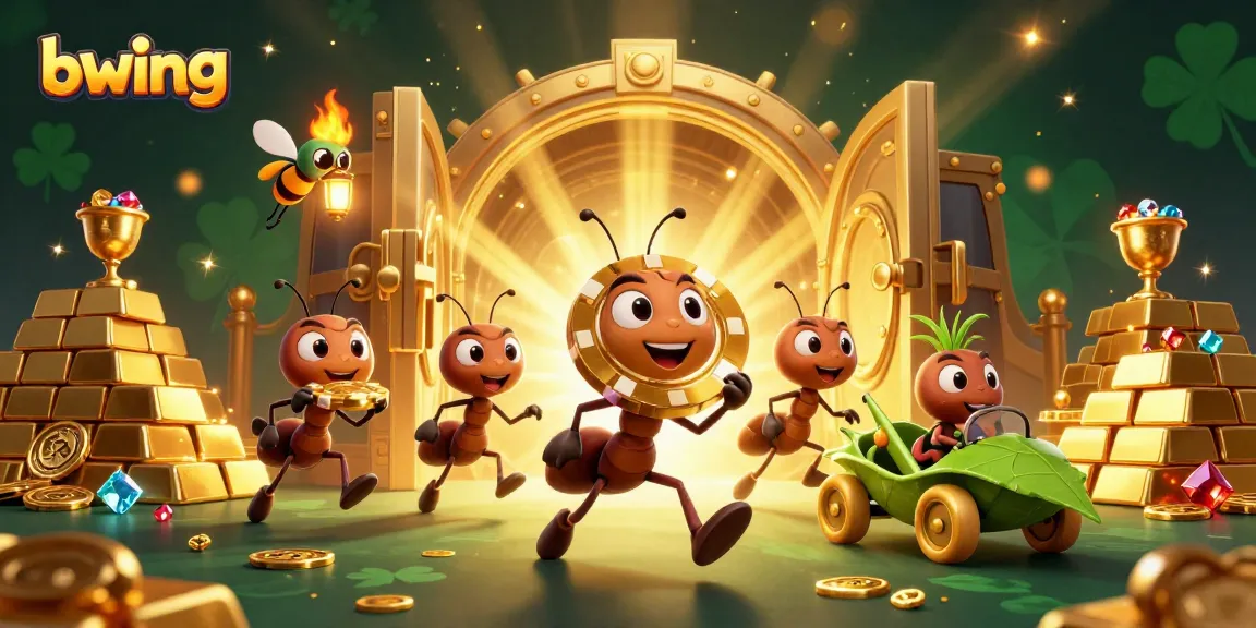 Bwing heist scene with ants carrying a giant poker chip, dynamic casino elements and rich visuals.