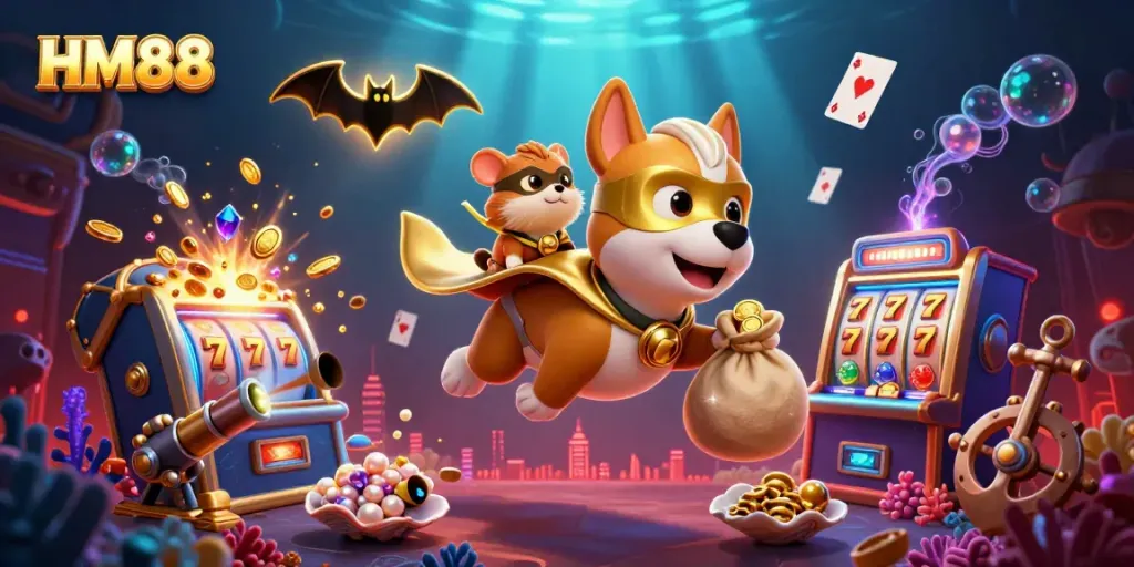 Experience winning with HM88 in a vibrant casino-themed scene with superhero dog and hamster.