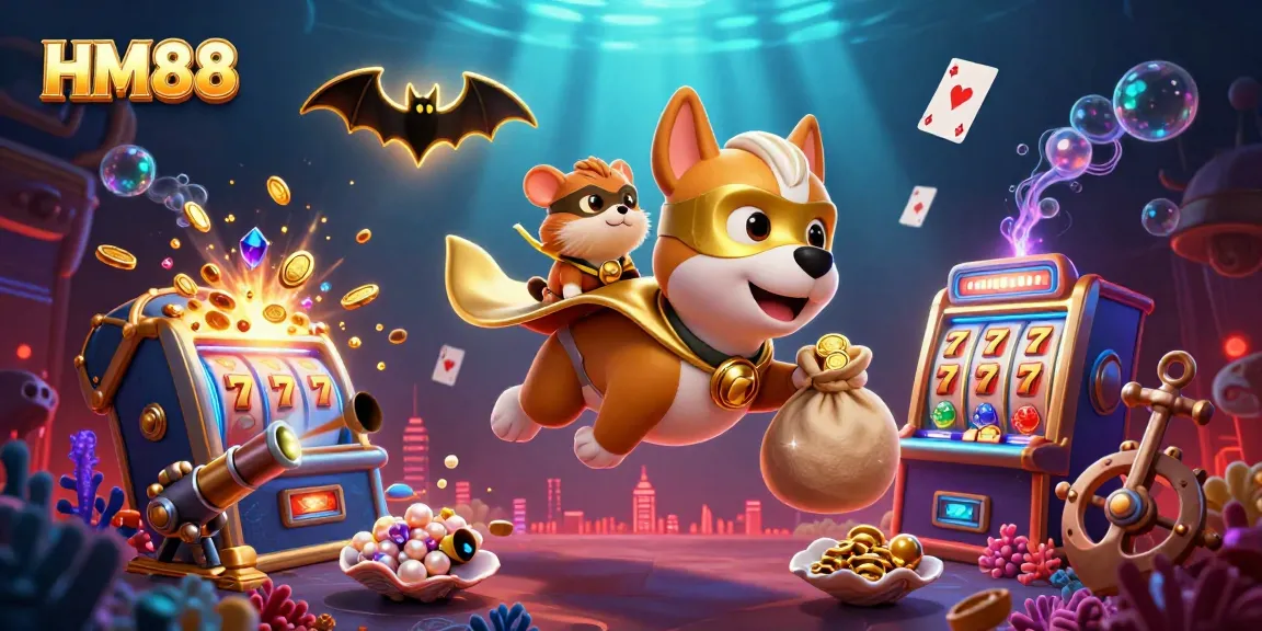 Experience winning with HM88 in a vibrant casino-themed scene with superhero dog and hamster.