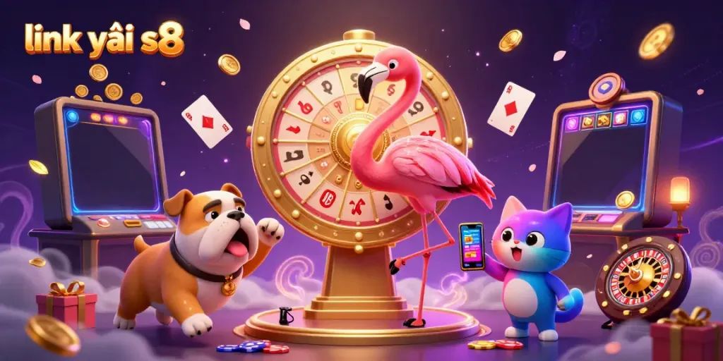 Spin the giant prize wheel and enjoy an exciting casino atmosphere with link vào s8 in this vibrant illustration.