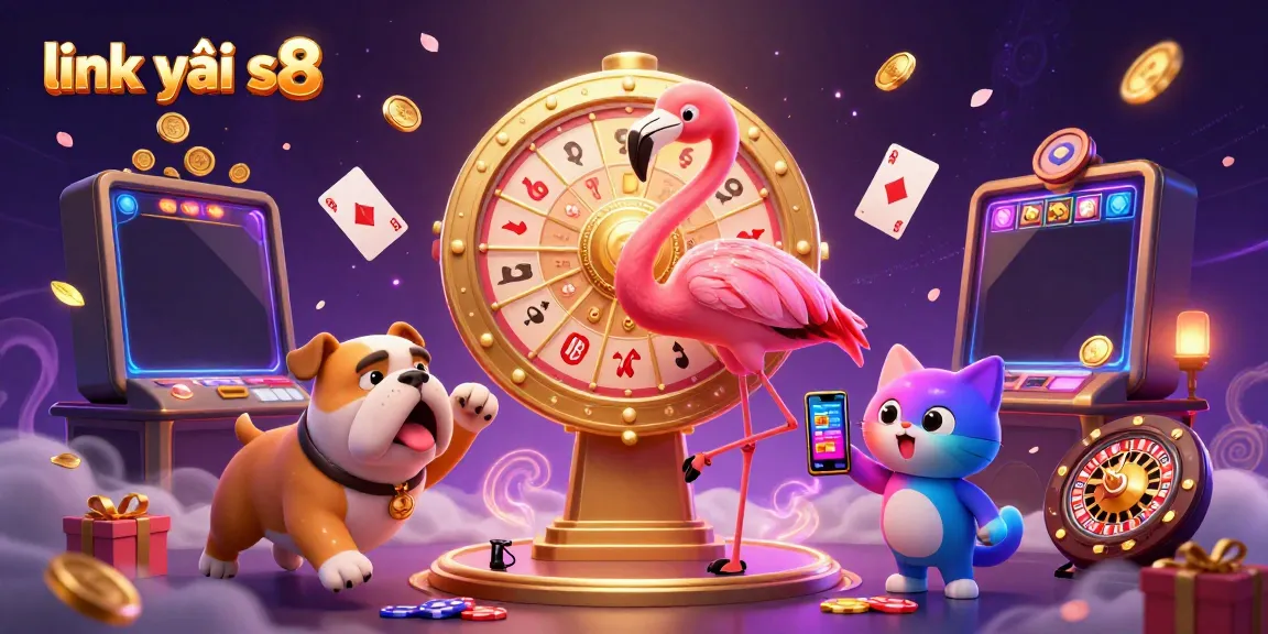 Spin the giant prize wheel and enjoy an exciting casino atmosphere with link vào s8 in this vibrant illustration.