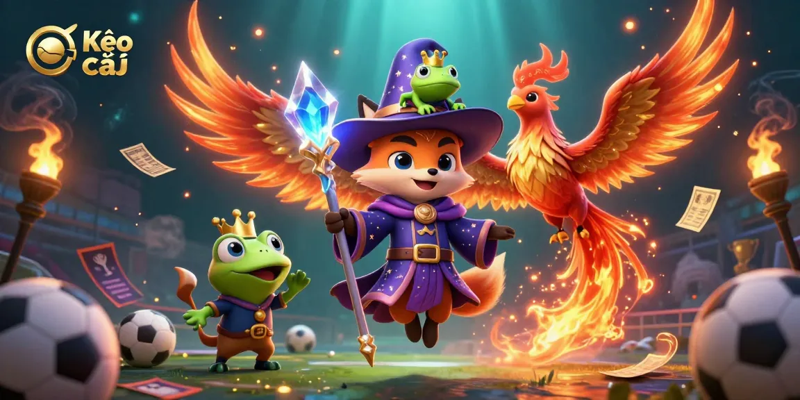 Kèo nhà cái sports betting scene with wizard fox, phoenix, and betting icons.
